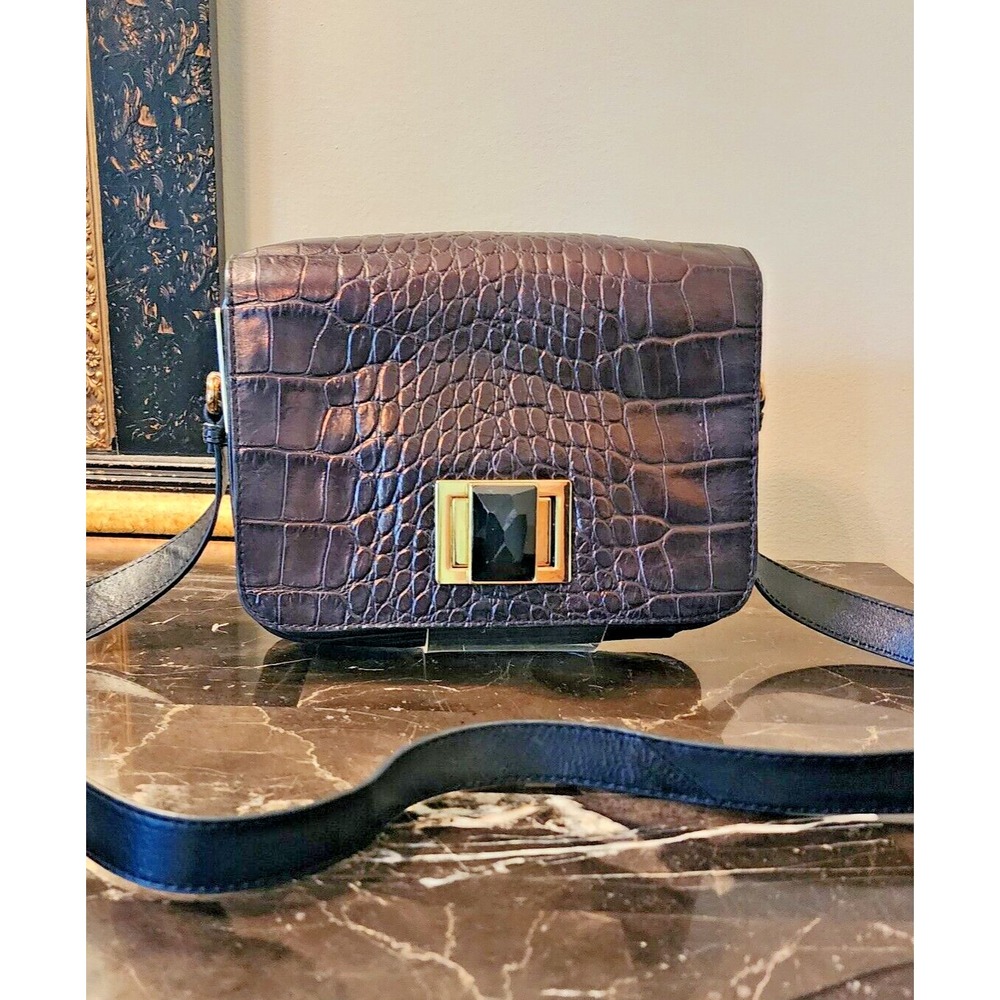 Badgley Mischka Leather Handbag Metallic Brown/Black Croc Embossed Look - Picture 8 of 12